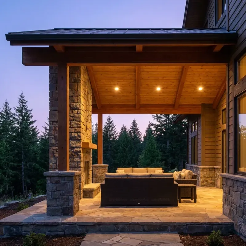 A covered porch with a timber ceiling and a stone column at dusk