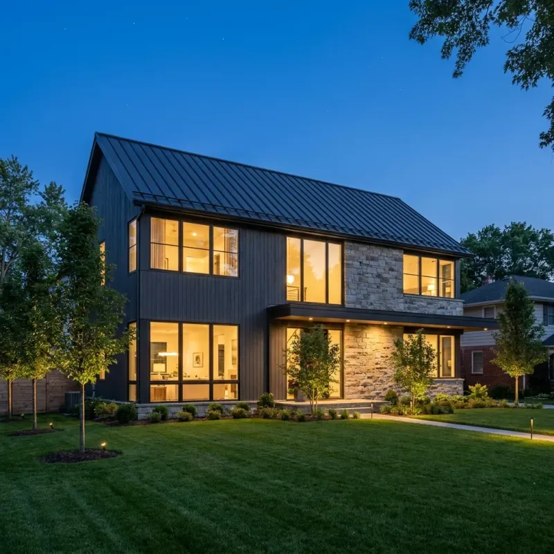 A two-story home addition with a standing-seam roof at twilight