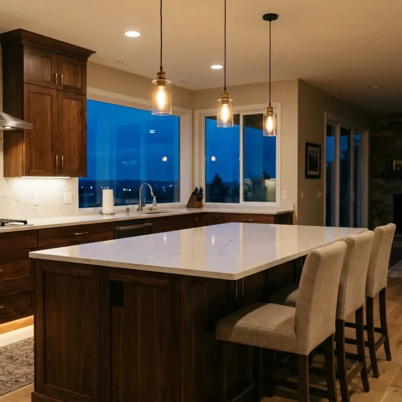 A remodeled kitchen with a walnut island under three pendant lights